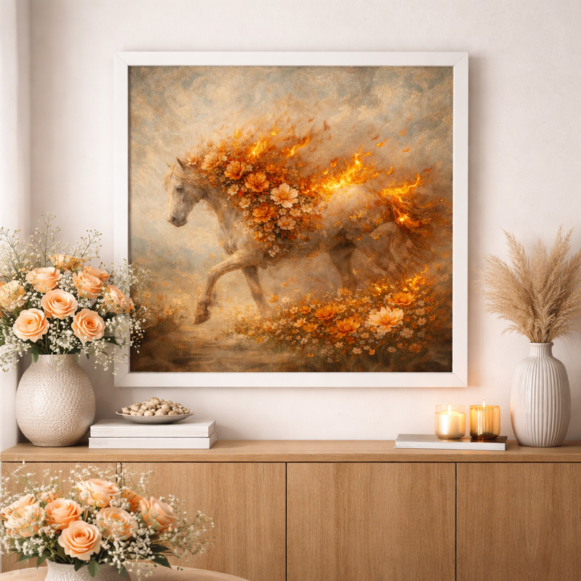 Floral Fire Horse – Ember Bloom Wall Art