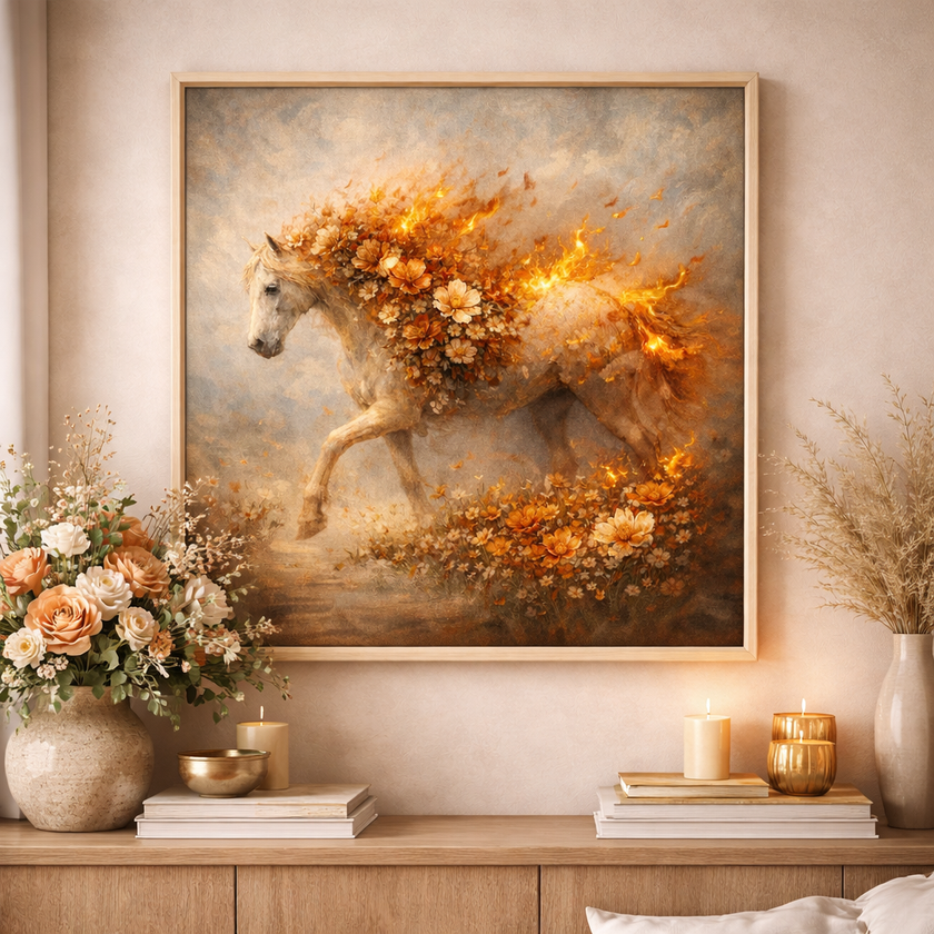 Floral Fire Horse – Ember Bloom Wall Art