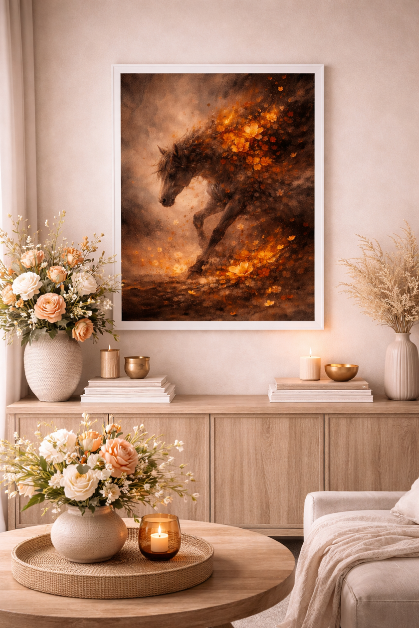 Running Fire Horse – Floral Ember Wall Art
