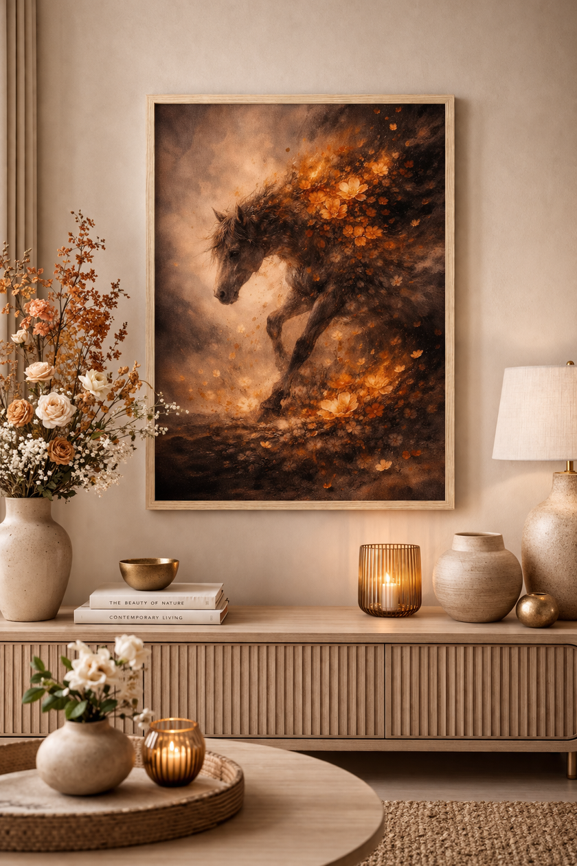 Running Fire Horse – Floral Ember Wall Art