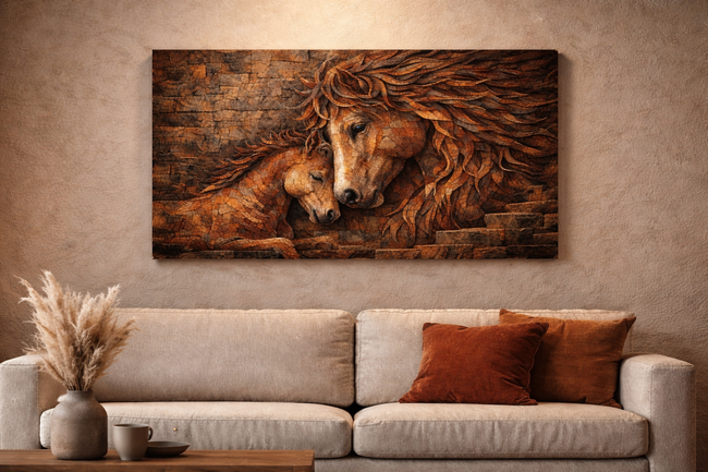 Wooden wall art of two horses above a beige sofa with decorative pillows.