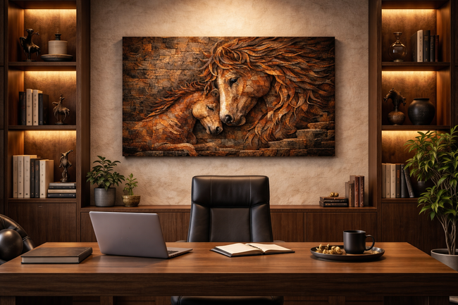 Wooden desk with laptop, chair, and decorative items in a room with a large wall art of two wolves.