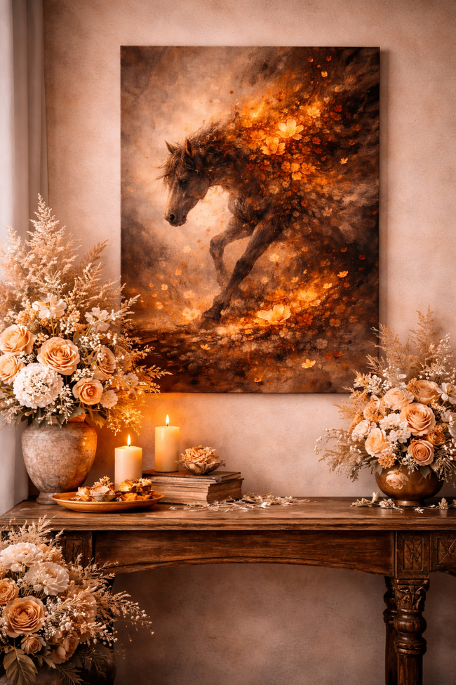 Dark Floral Fire Horse Wood Print – Dark Bloom Wall Decor