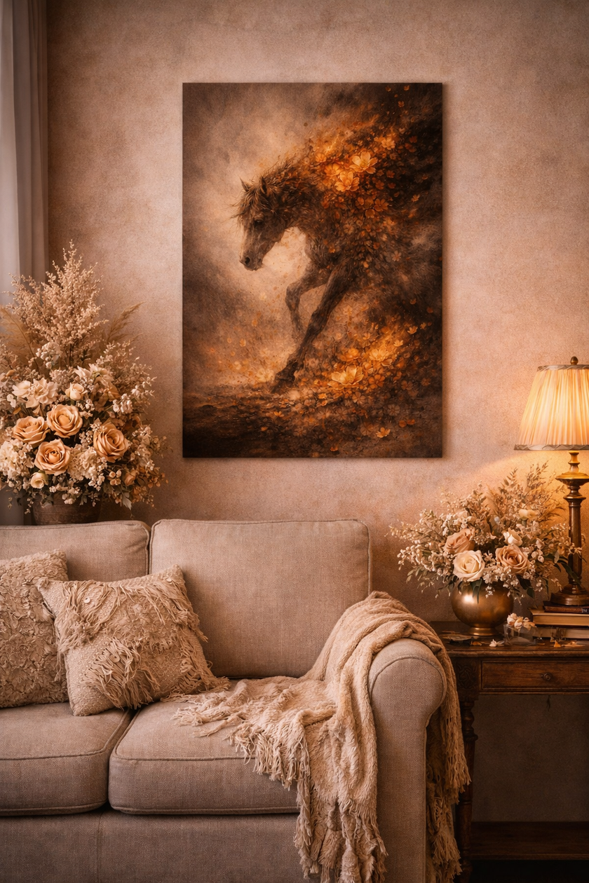 Dark Floral Fire Horse Wood Print – Dark Bloom Wall Decor