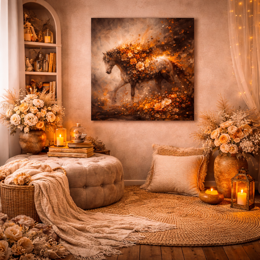 Dark Floral Fire Horse Wood Print – Fiery Bloom Wall Decor