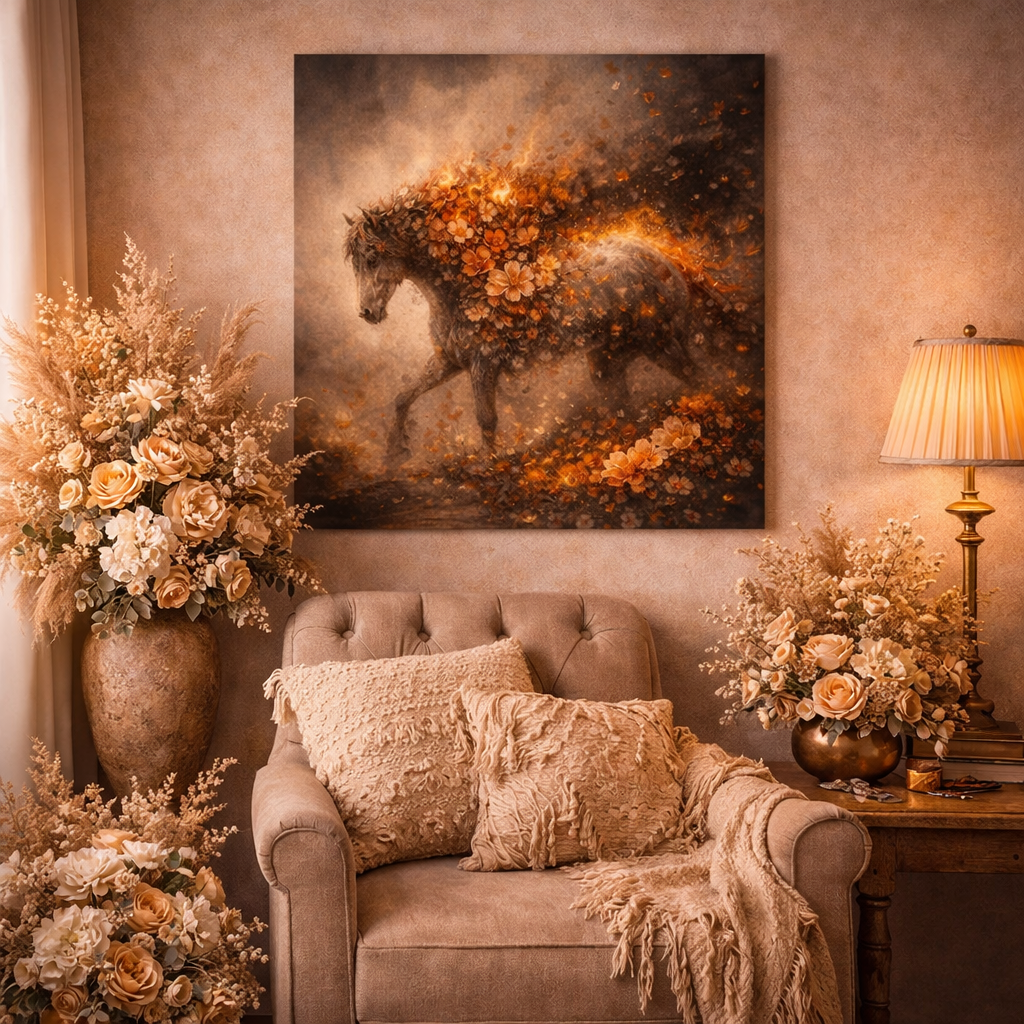 Dark Floral Fire Horse Wood Print – Fiery Bloom Wall Decor