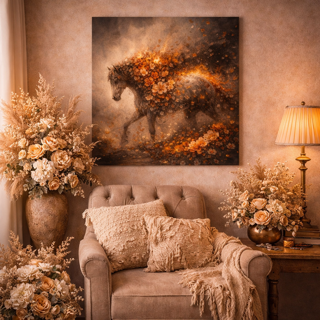 Dark Floral Fire Horse Wood Print – Fiery Bloom Wall Decor