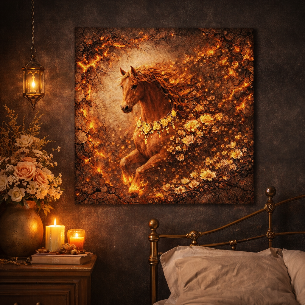 Fiery Floral Horse Canvas – Ember Bloom Wall Decor