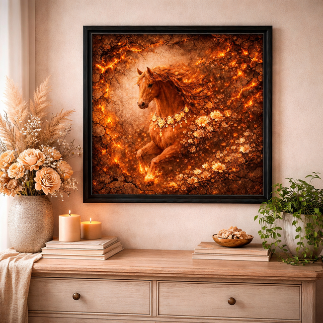 Fiery Floral Horse Canvas – Ember Bloom Wall Decor