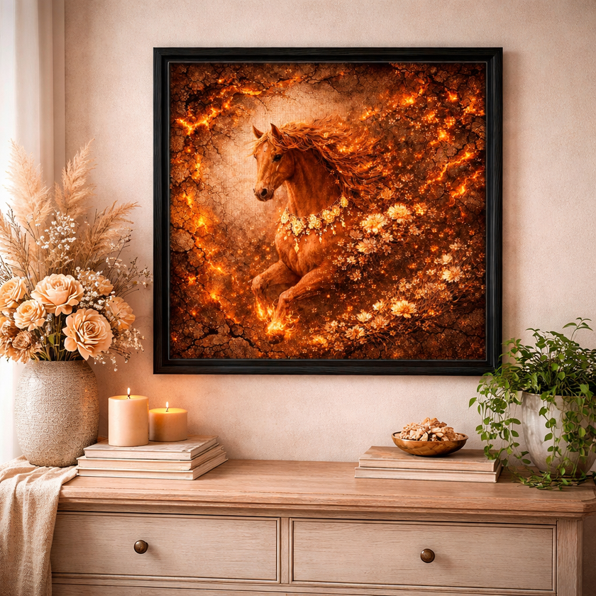 Fiery Floral Horse Canvas – Ember Bloom Wall Decor