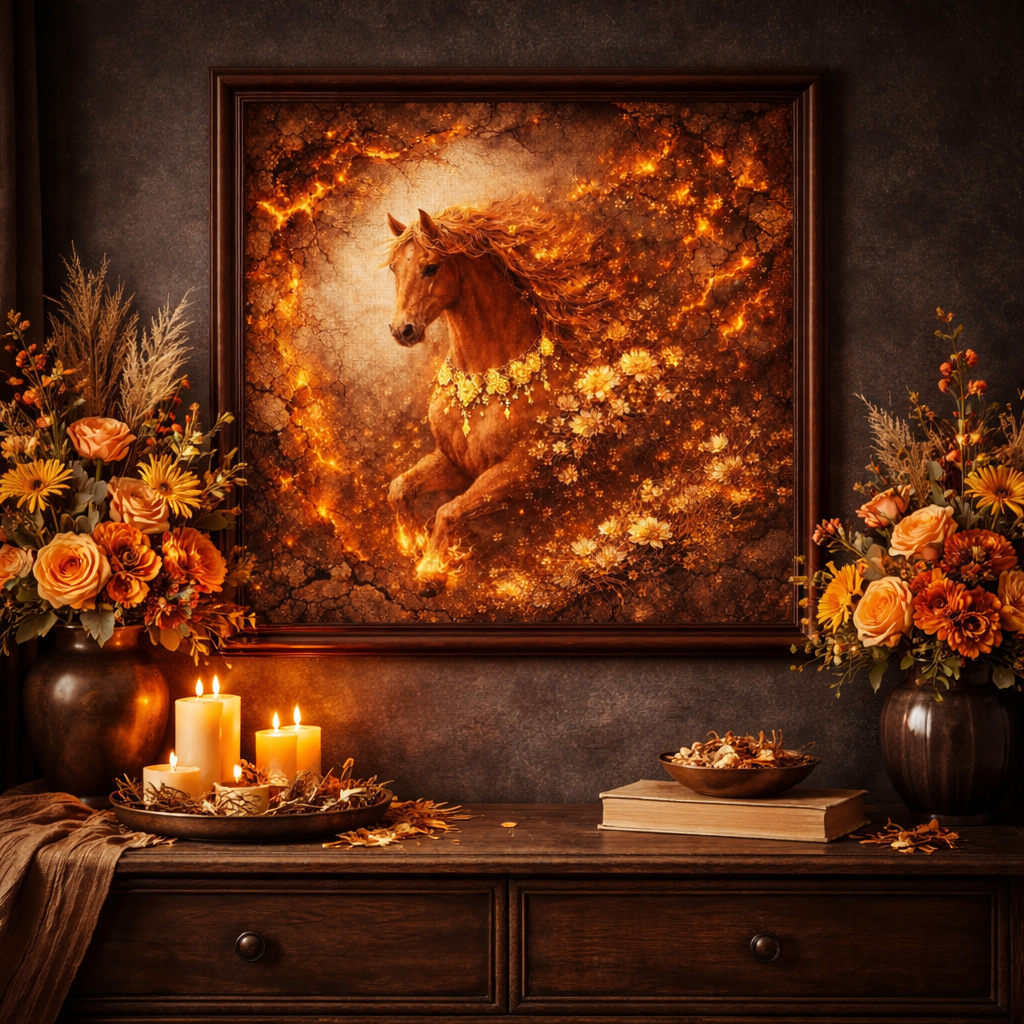 Fiery Floral Horse Canvas – Ember Bloom Wall Decor