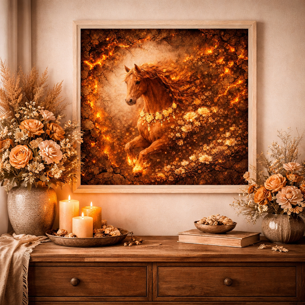 Fiery Floral Horse Canvas – Ember Bloom Wall Decor