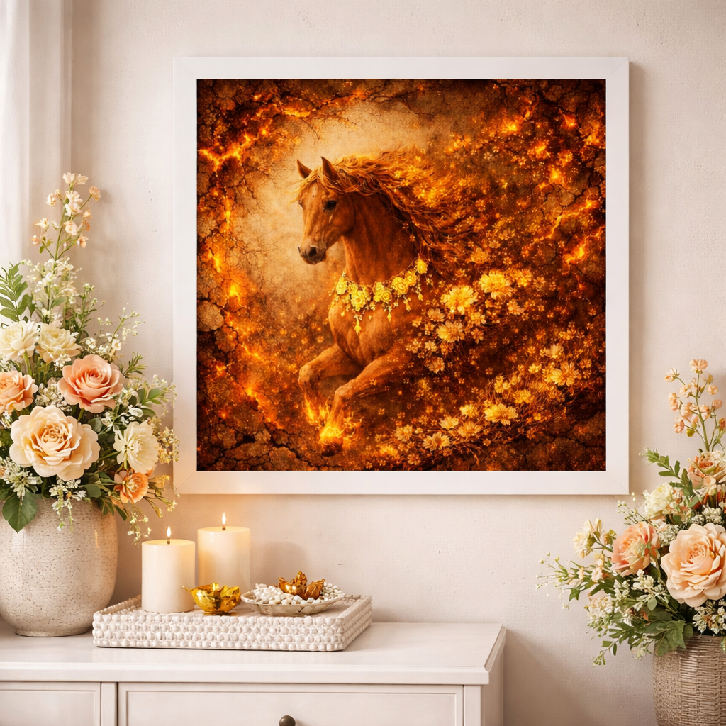 Fiery Floral Horse Wall Art – Ember Bloom Wall Decor