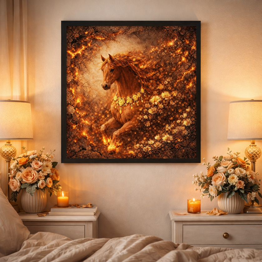 Fiery Floral Horse Wall Art – Ember Bloom Wall Decor