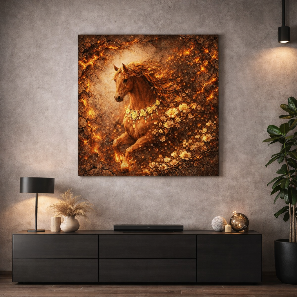 Fiery Horse Wood Print – Blazing Ember Wall Decor