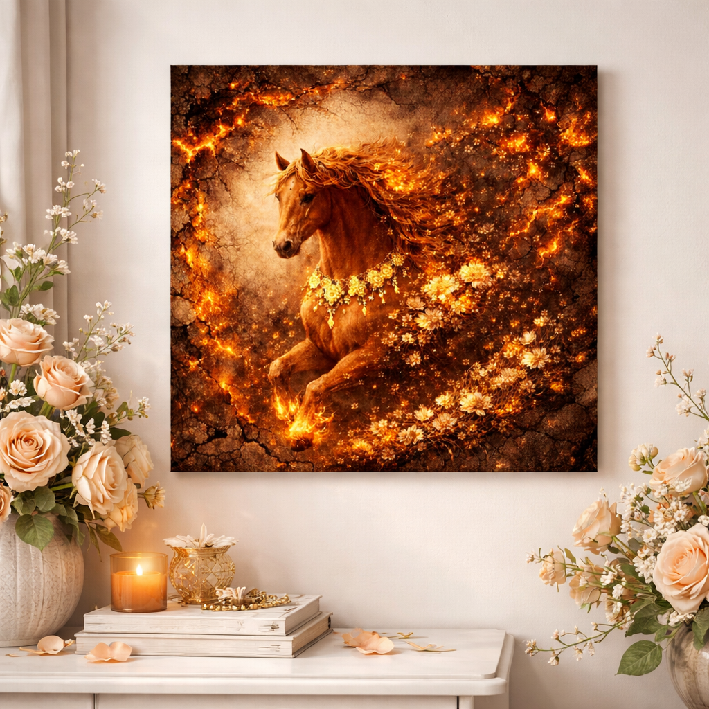 Fiery Floral Horse Wall Art – Ember Bloom Wall Decor