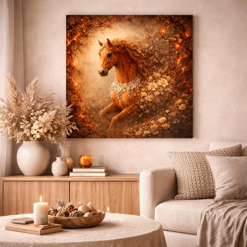 Flame Heart Horse Wood Print – Ember Bloom Wall Decor