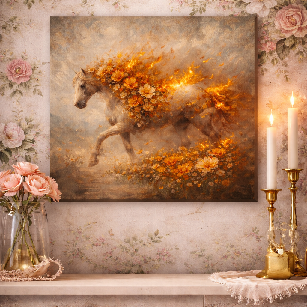 Flaming Floral Horse Canvas – Fiery Bloom Wall Art