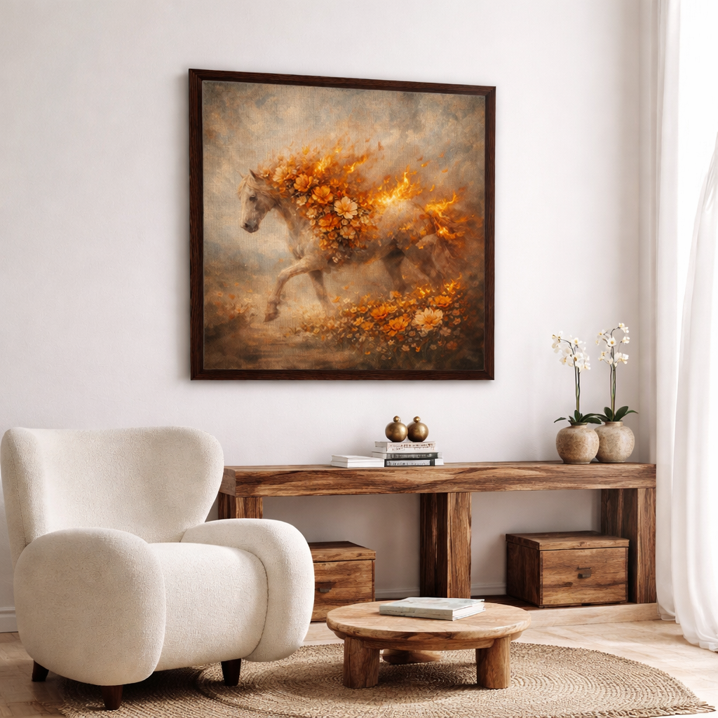 Flaming Floral Horse Canvas – Fiery Bloom Wall Art