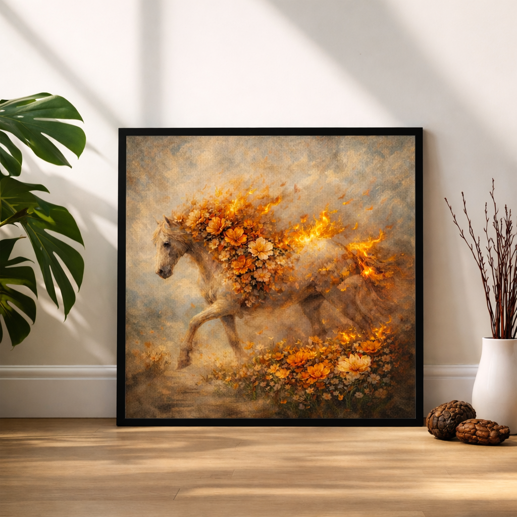 Flaming Floral Horse Canvas – Fiery Bloom Wall Art