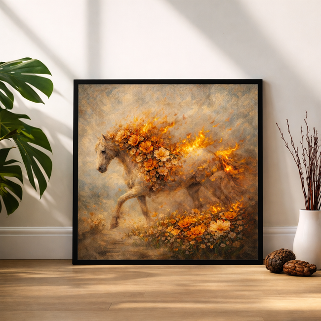 Flaming Floral Horse Canvas – Fiery Bloom Wall Art