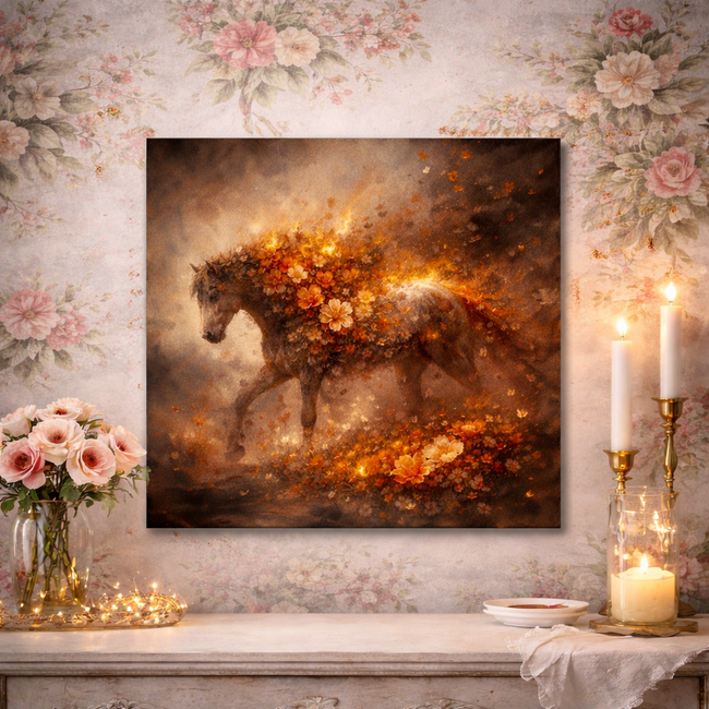 Floral Fire Horse Canvas – Dark Botanical Horse Painting