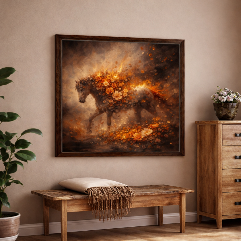 Floral Fire Horse Canvas – Dark Botanical Horse Painting
