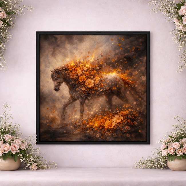 Floral Fire Horse Canvas – Dark Botanical Horse Painting