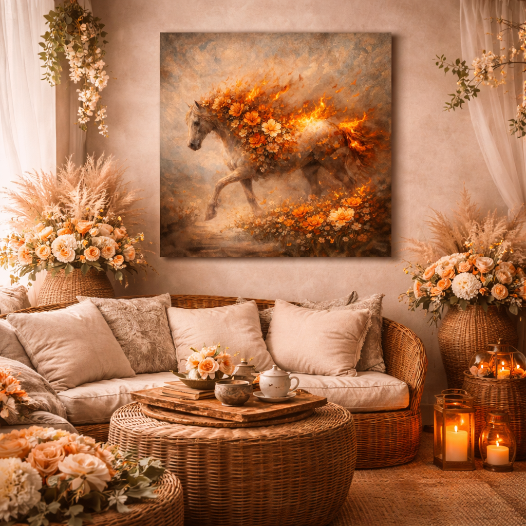Floral Fire Horse Wood Print – Ember Bloom Wall Art