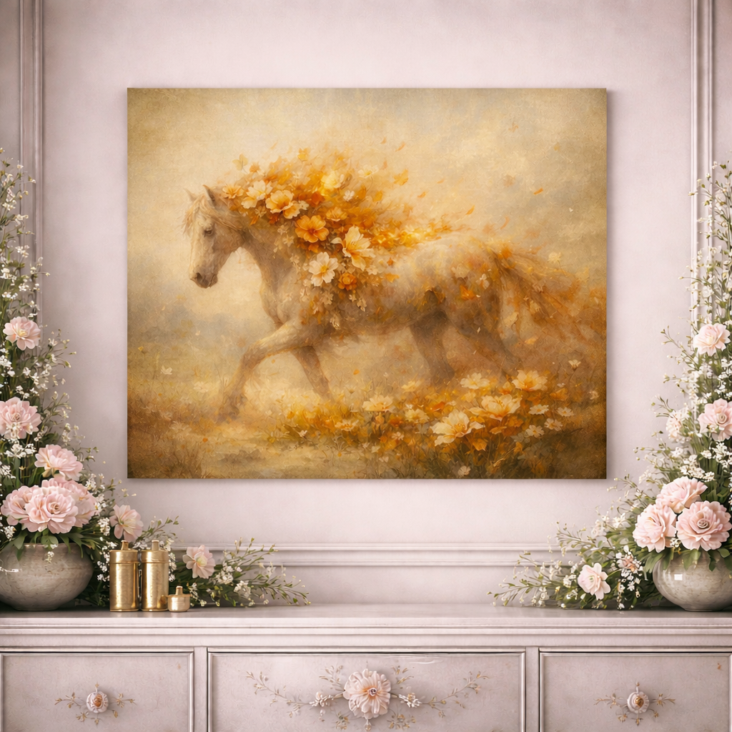 Floral Horse Canvas – Autumn Bloom Wall Decor