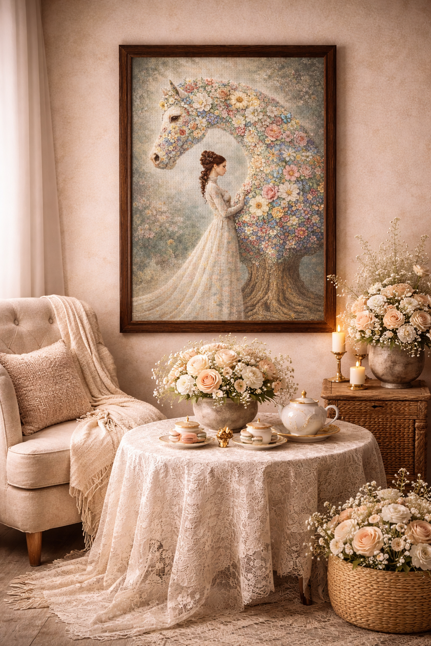 Floral Horse Canvas – Romantic Bloom Wall Decor