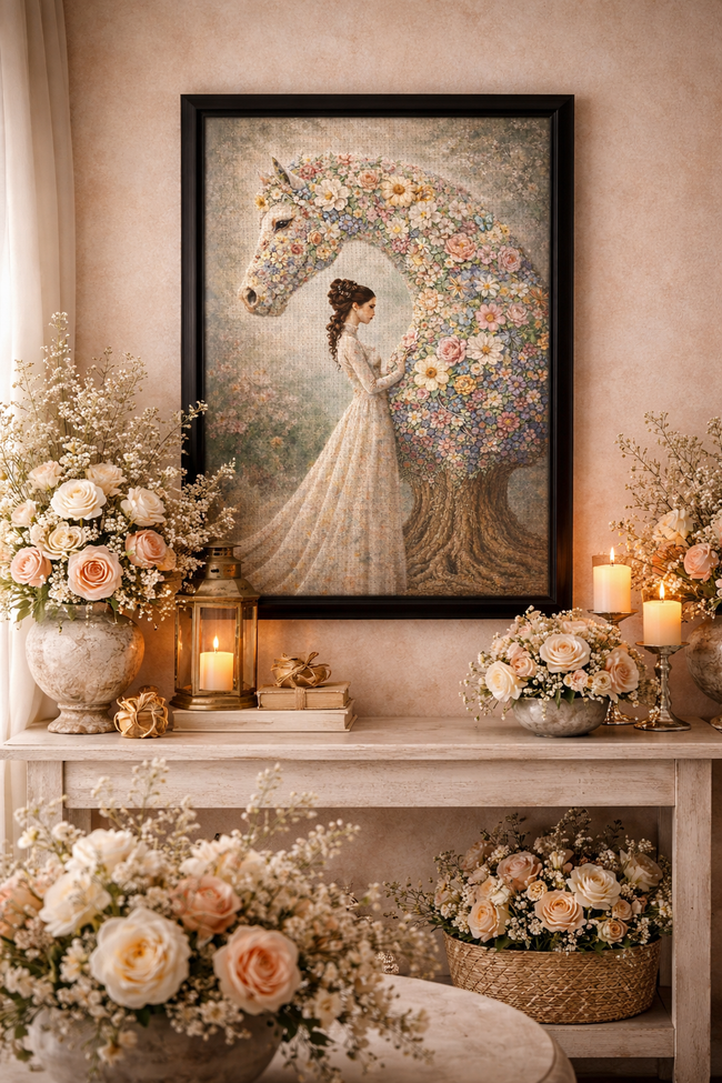 Floral Horse Canvas – Romantic Bloom Wall Decor