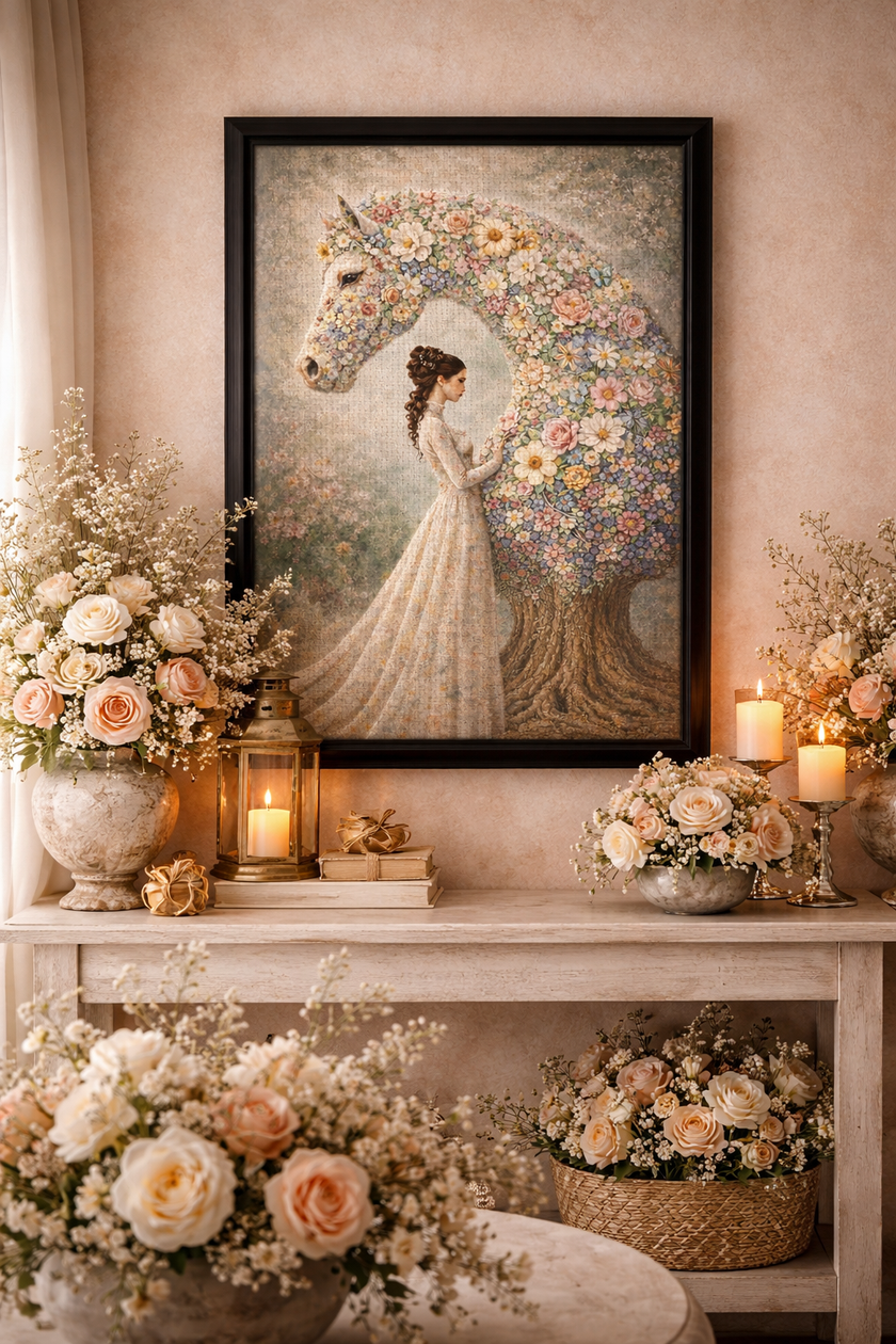 Floral Horse Canvas – Romantic Bloom Wall Decor