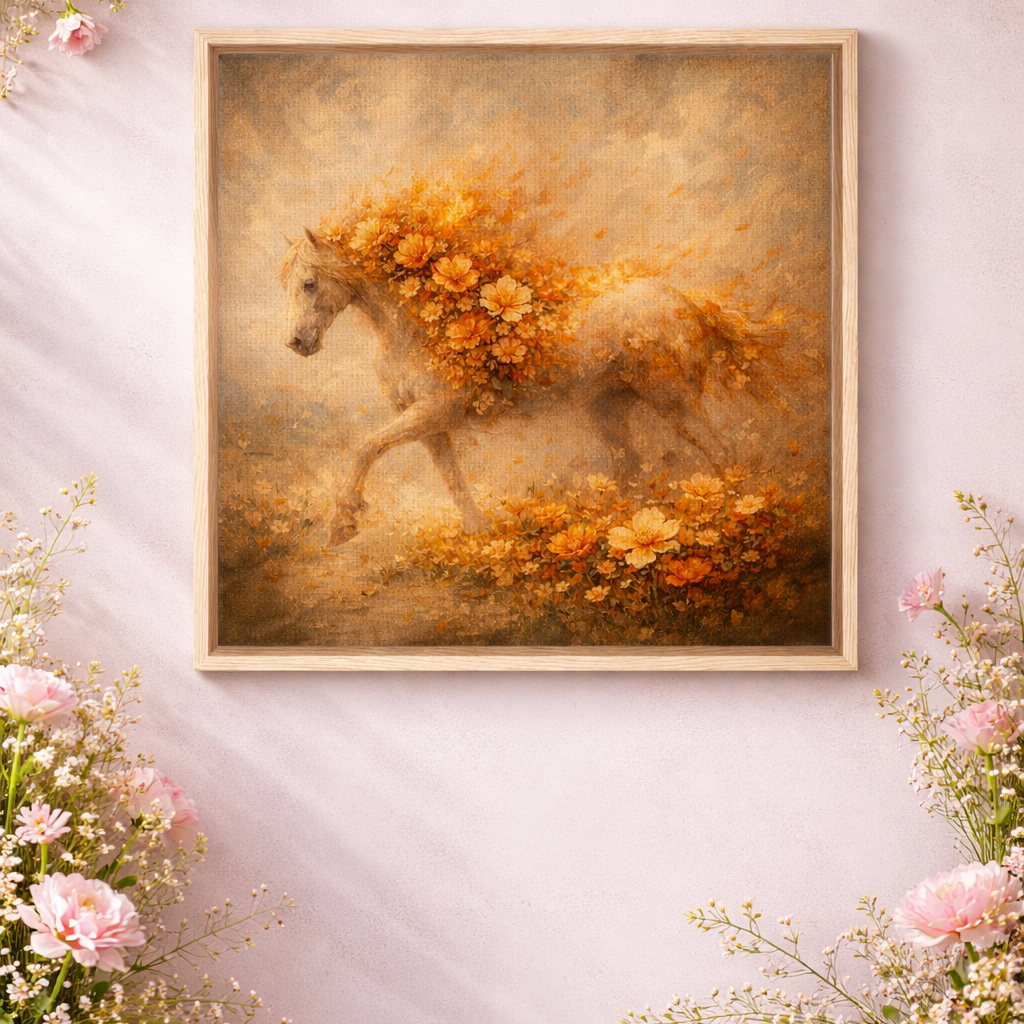 Floral Horse Canvas – Fiery Bloom Wall Decor