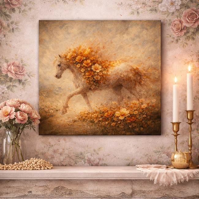 Floral Horse Canvas – Fiery Bloom Wall Decor