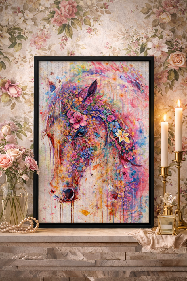 Floral Horse Canvas Wall Art – Vibrant Watercolor Horse Decor