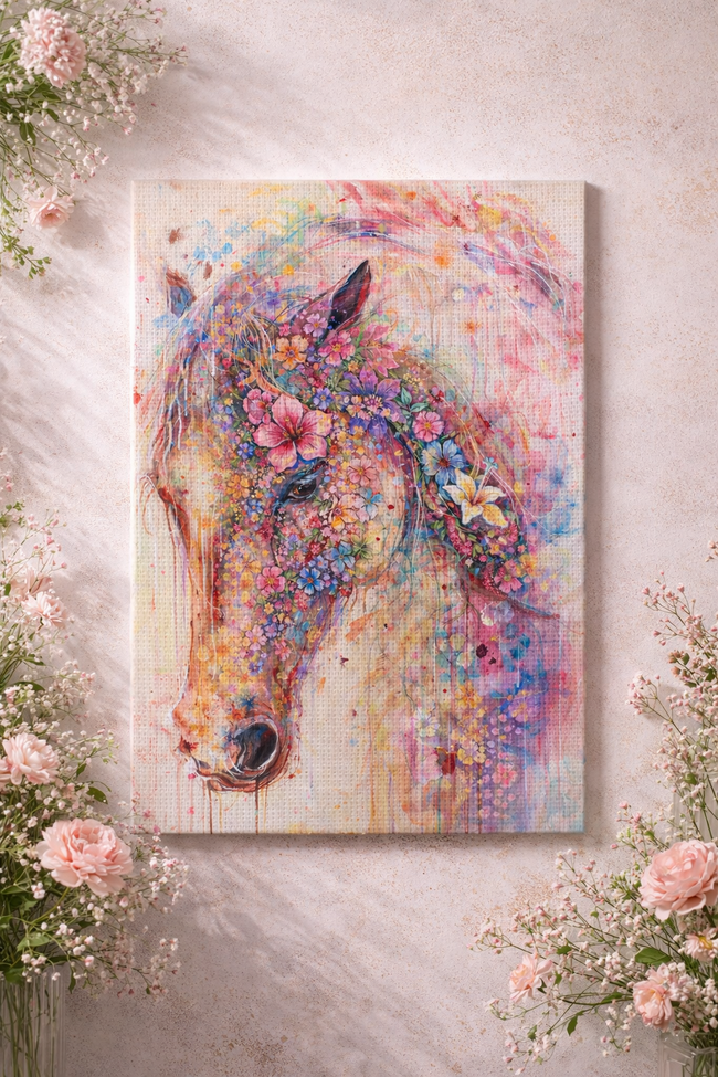Floral Horse Canvas Wall Art – Vibrant Watercolor Horse Decor