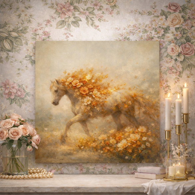 Floral Horse Wall Art – Fiery Bloom Decor
