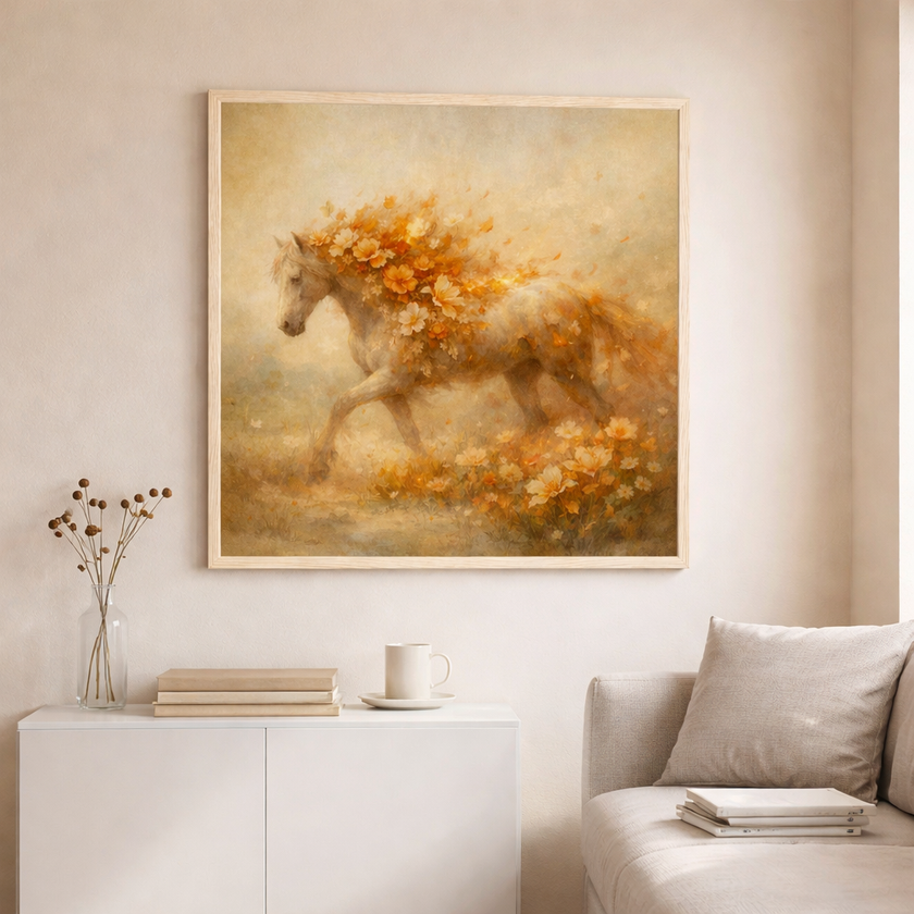 Floral Horse Wall Art – Fiery Bloom Decor