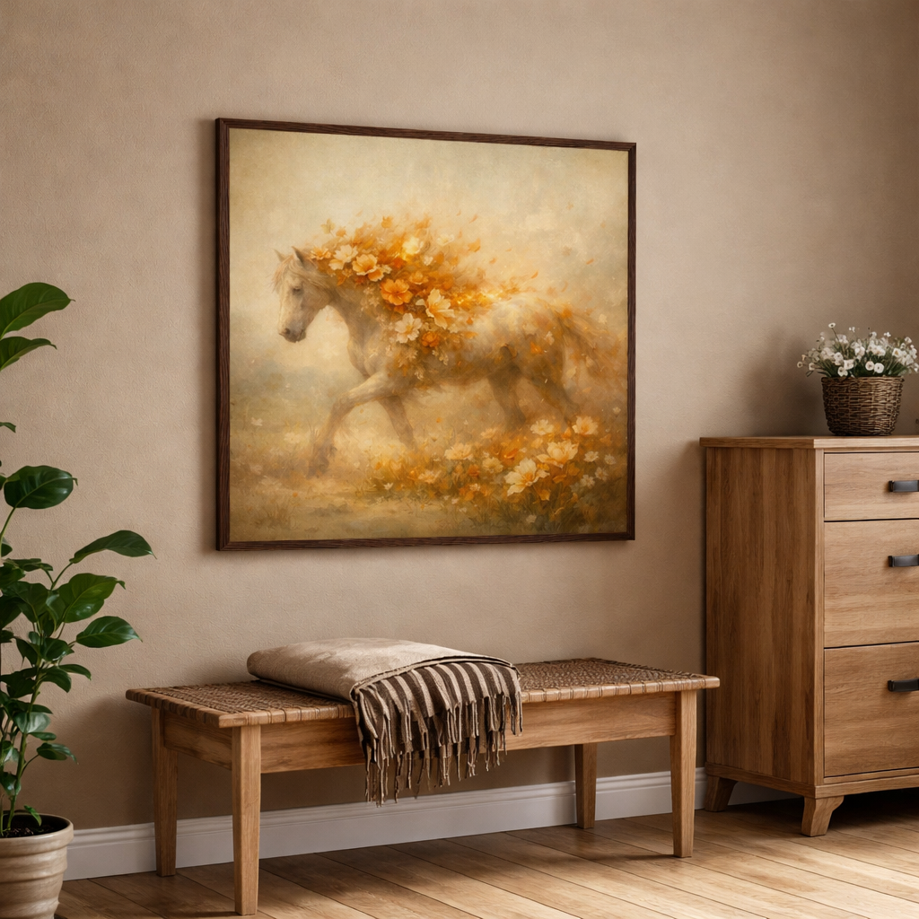 Floral Horse Wall Art – Fiery Bloom Decor