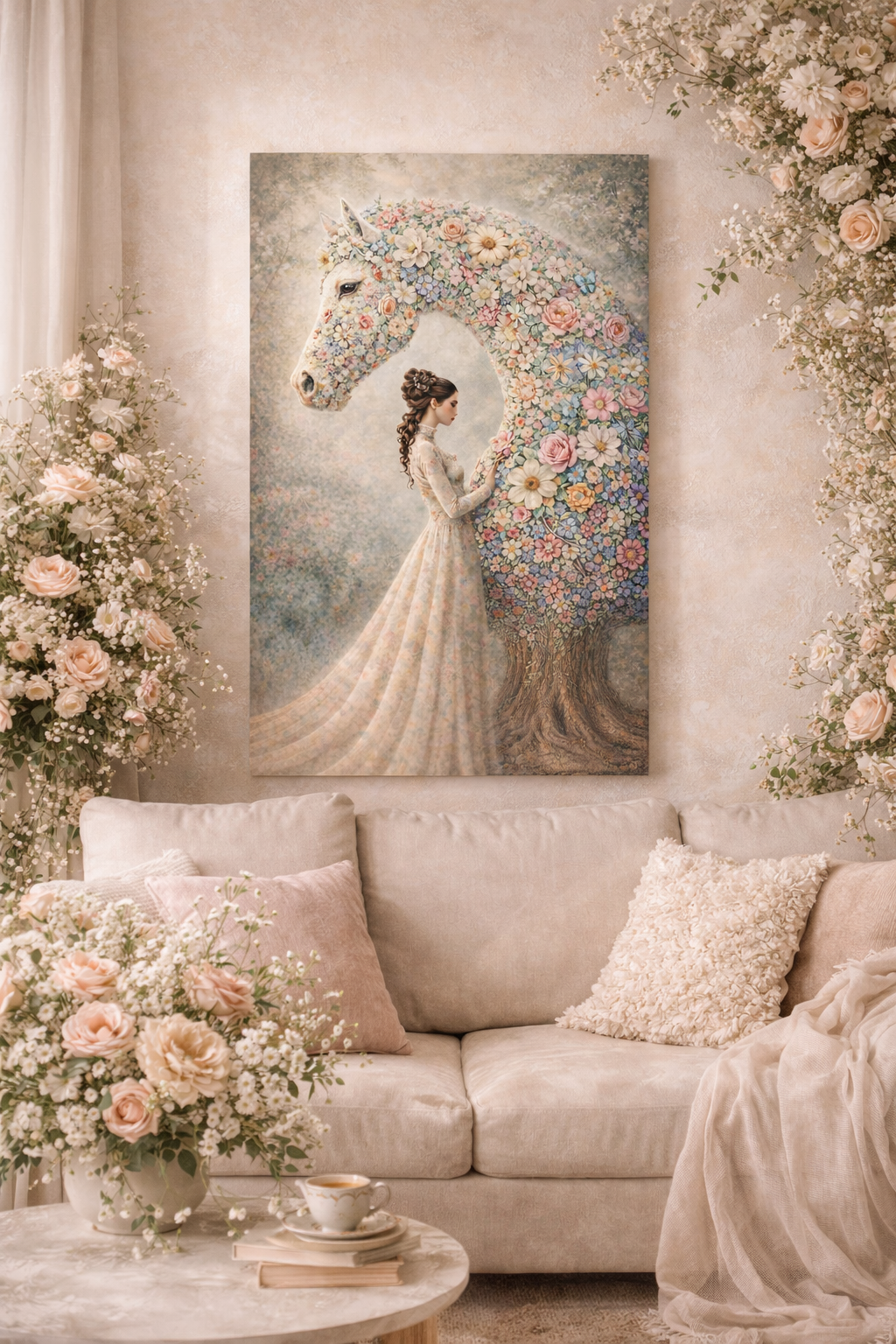 Floral Horse Wall Art – Romantic Bloom Wall Decor