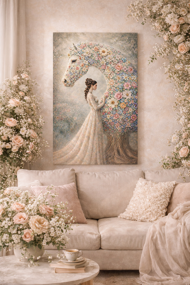 Floral Horse Wall Art – Romantic Bloom Wall Decor