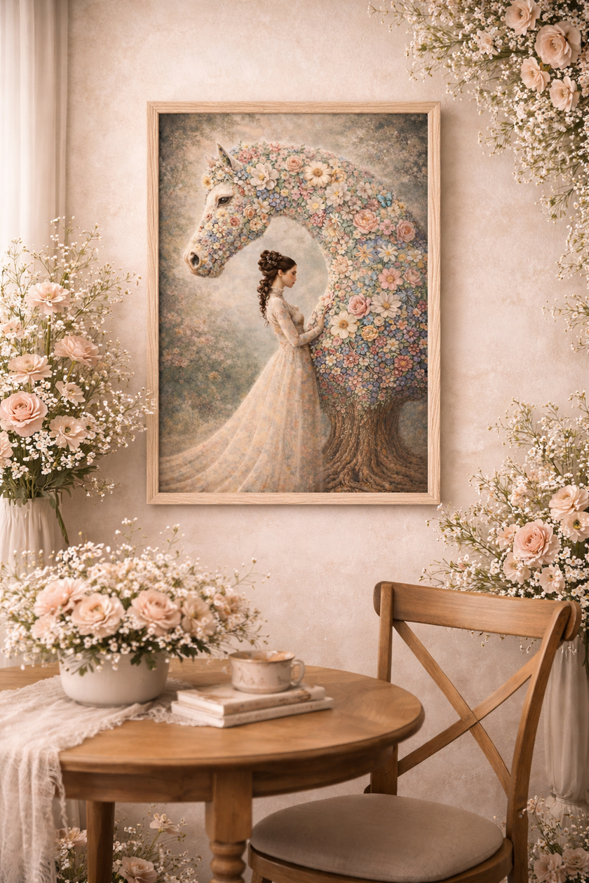 Floral Horse Wall Art – Romantic Bloom Wall Decor