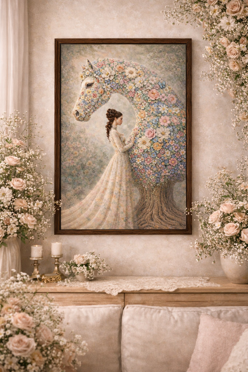 Floral Horse Wall Art – Romantic Bloom Wall Decor