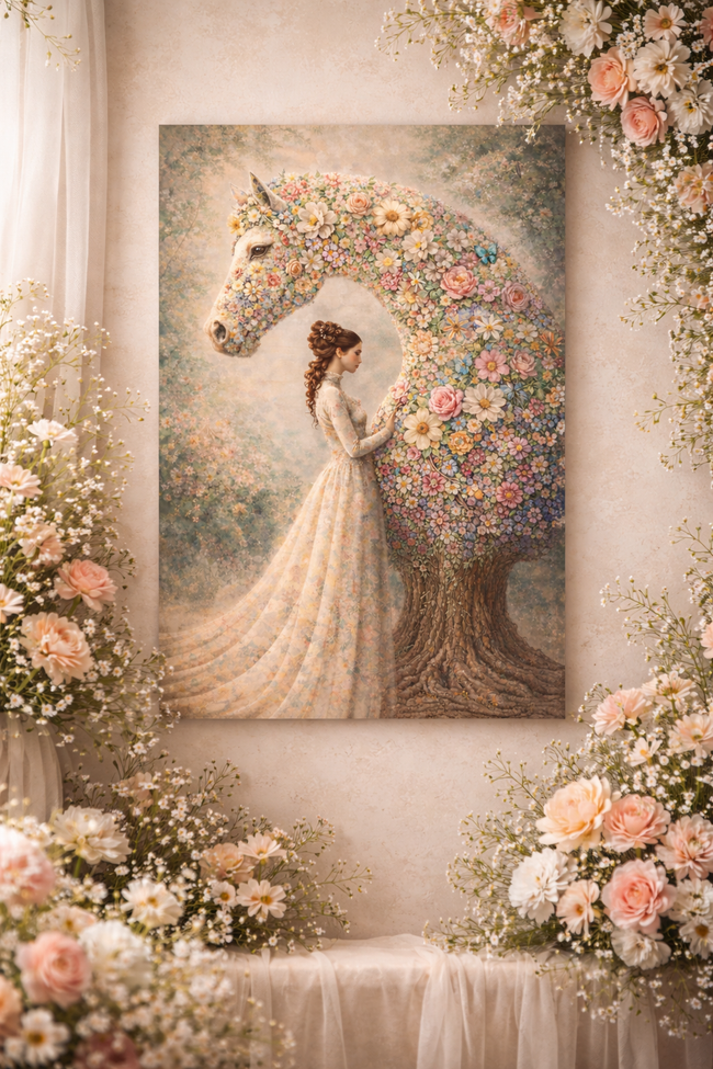 Floral Horse Wood Print – Botanical Bloom Wall Decor