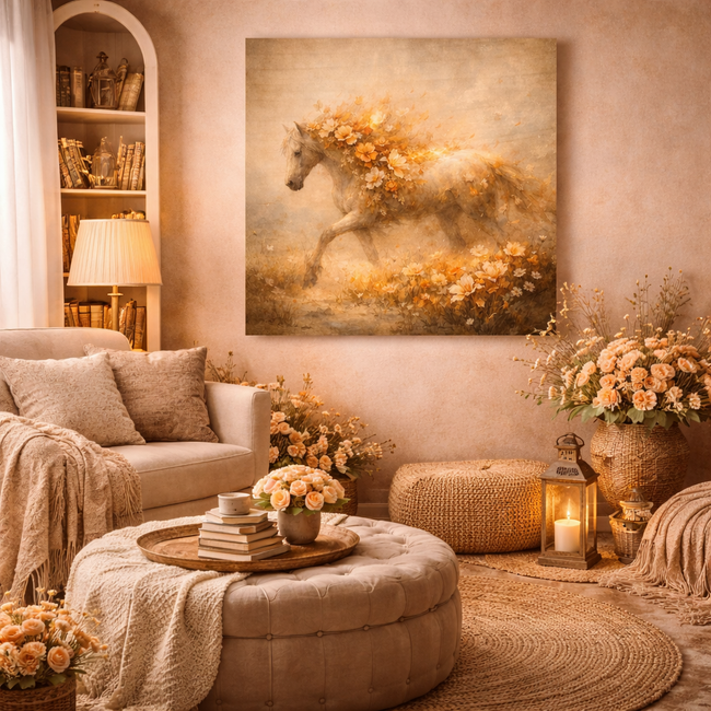 Floral Horse Wood Print – Rustic Bloom Wall Decor