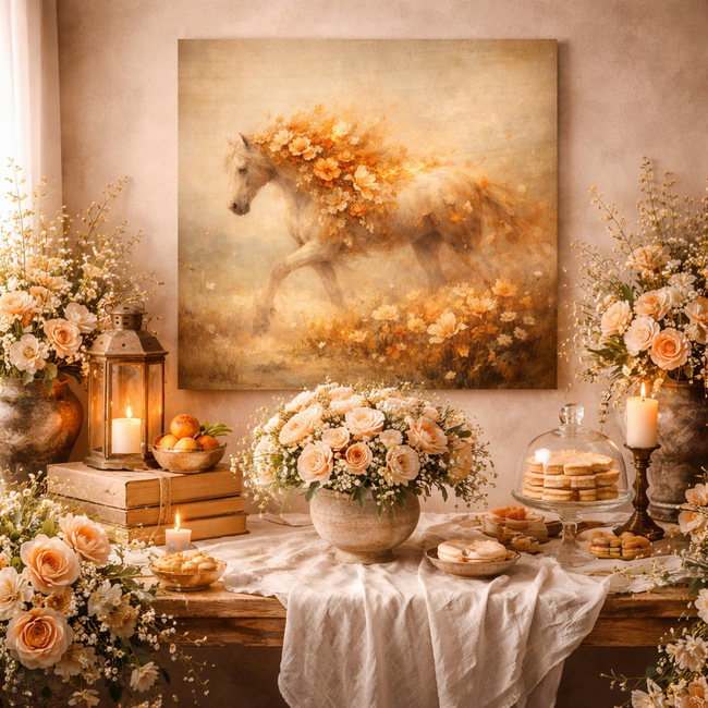 Floral Horse Wood Print – Rustic Bloom Wall Decor