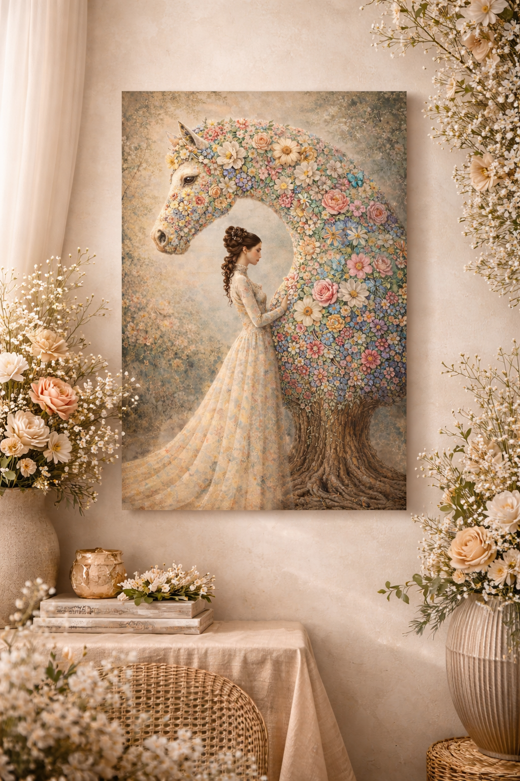 Floral Horse Wood Print – Botanical Bloom Wall Decor