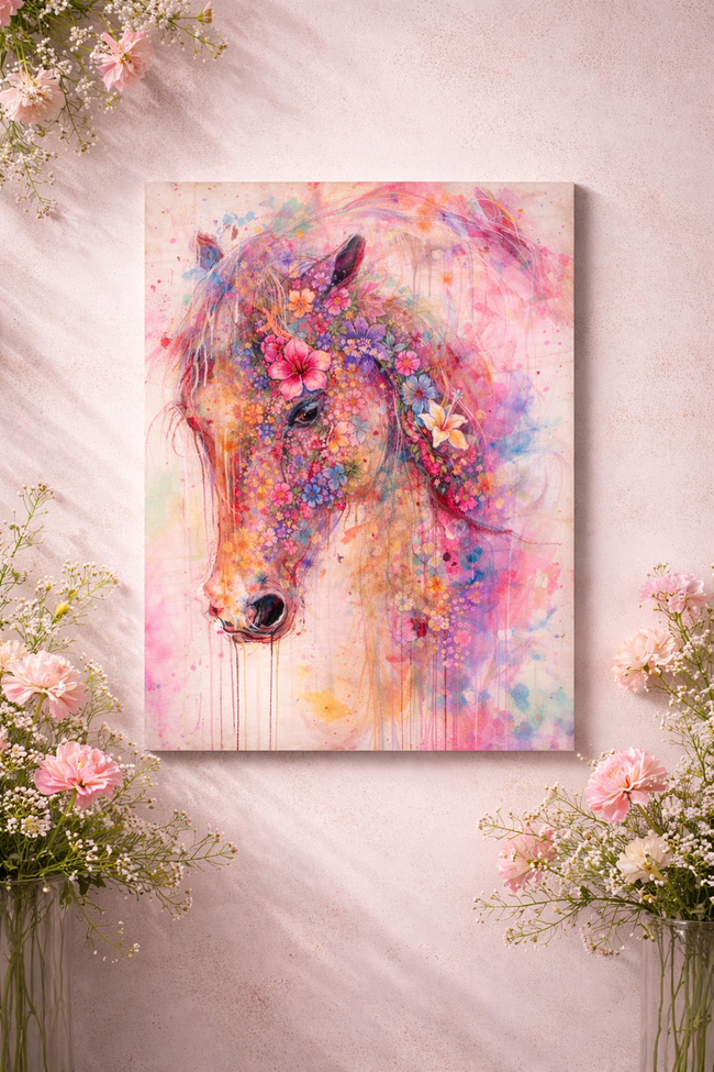 Floral Horse Wood Artwork – Vibrant Bloom Wall Art