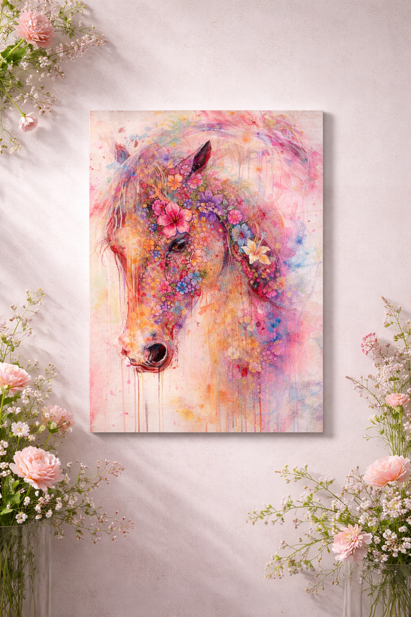 Floral Horse Wood Artwork – Vibrant Bloom Wall Art